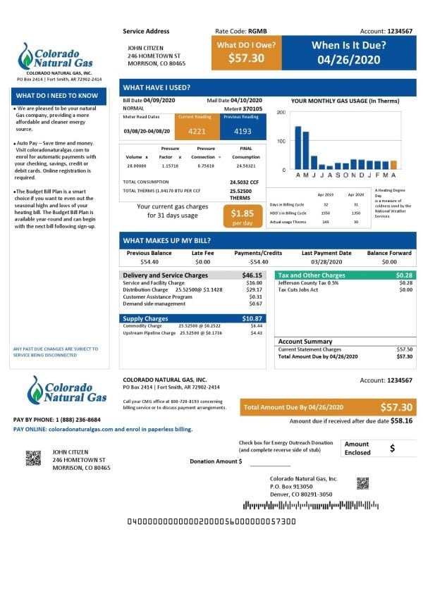 USA Colorado Natural Gas utility bill template in Word and PDF format