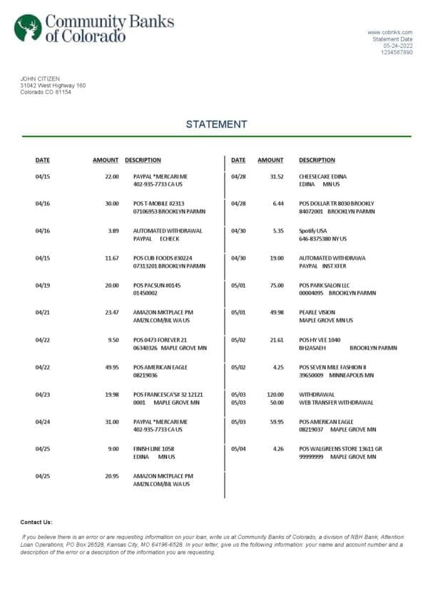 USA Community Banks of Colorado bank statement Word and PDF template
