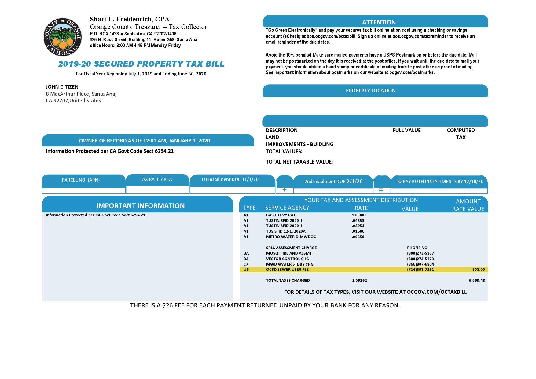 USA County of Orange California property tax bill template in Word and PDF format