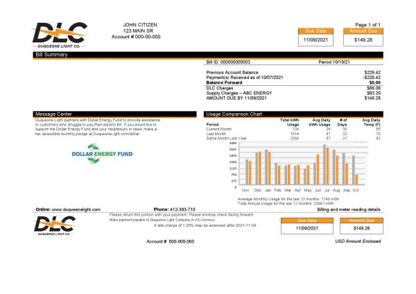 USA Pennsylvania Duquesne Light Company (DLC) utility bill template in Word and PDF format