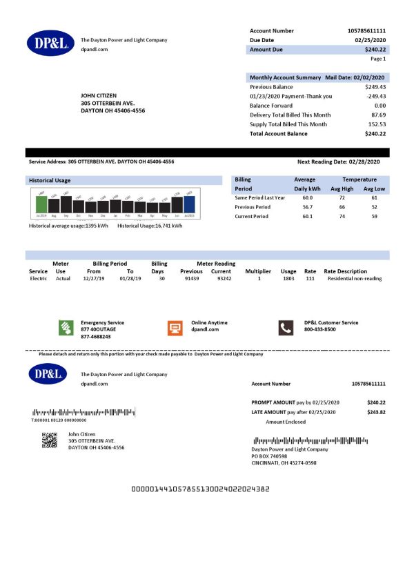USA Ohio DP&L utility bill template in Word and PDF format