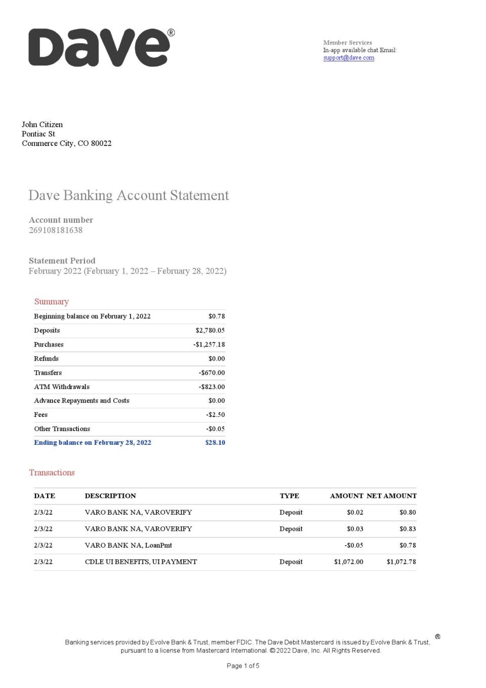 USA Dave bank account statement, Word and PDF template, 5 pages