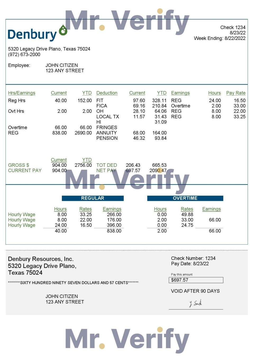 USA Denbury Resources Inc. oil & gas company pay stub Word and PDF template