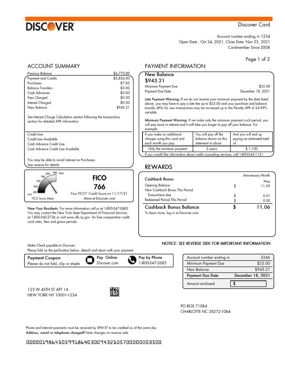 USA Discover bank credit card statement template in Word and PDF format (2 pages)