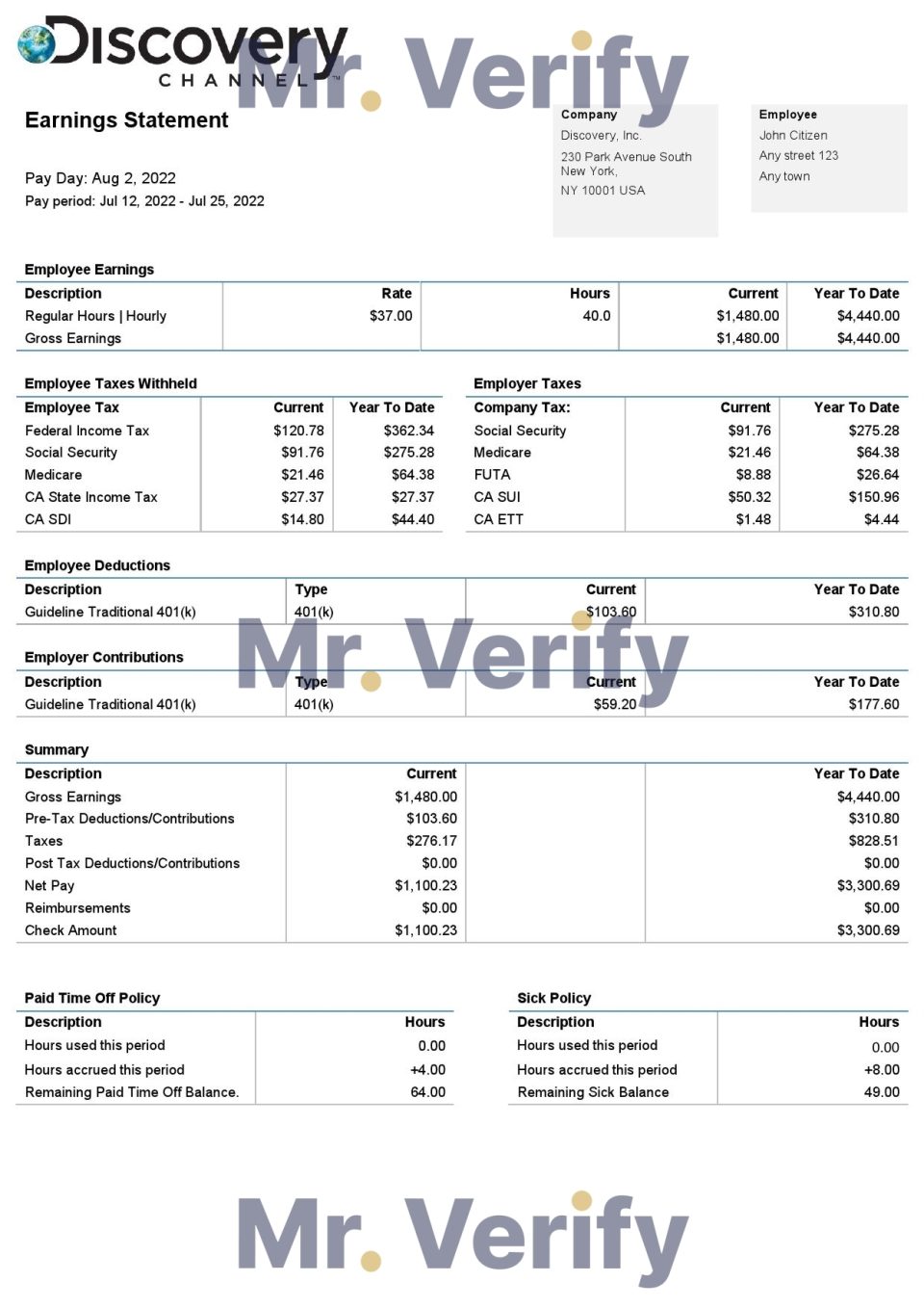 USA Discovery Inc. entertainment company pay stub Word and PDF template