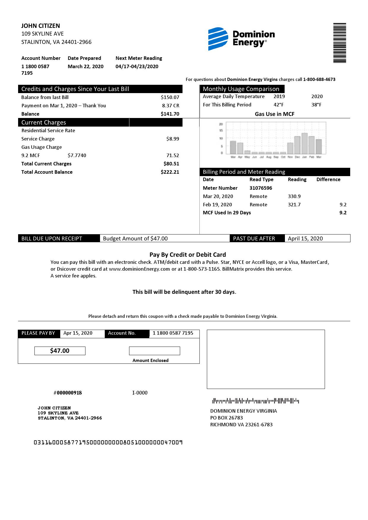 USA Dominion Energy utility bill template in Word and PDF format