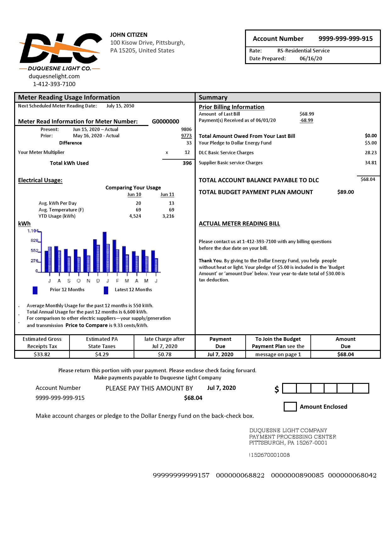 USA Pennsylvania Duquesne light utility bill template in Word and PDF format