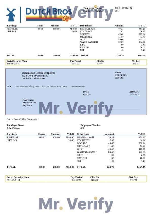 USA Dutch Bros Coffee Corporate coffeehouse company pay stub Word and PDF template