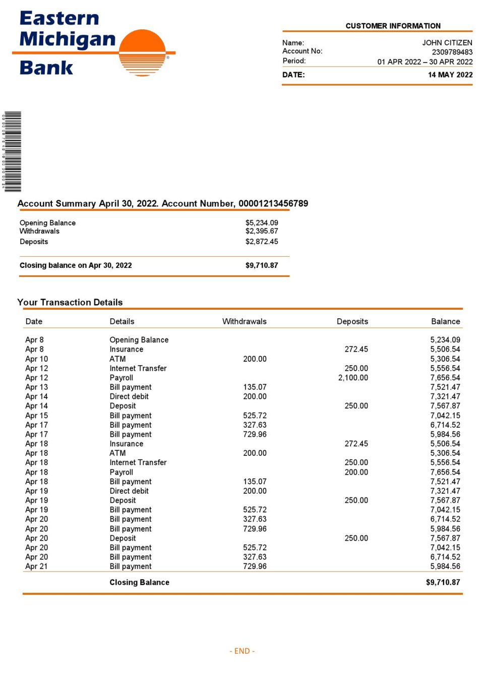 USA Eastern Michigan bank account statement Word and PDF template