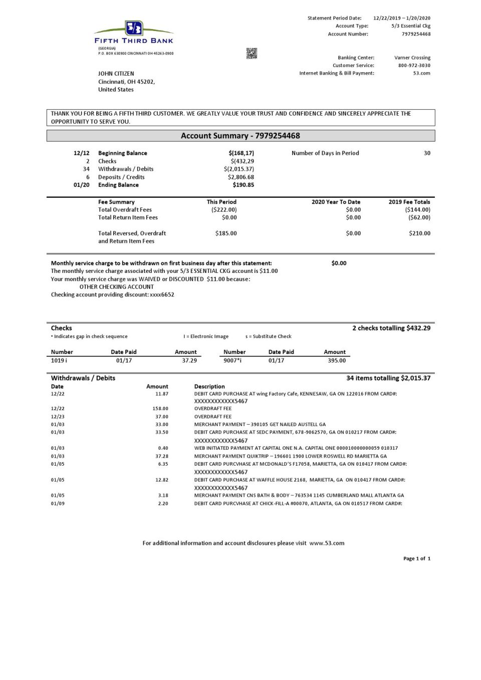 USA Fifth Third Bank statement in Word and PDF (.doc and .pdf) format, good for address prove