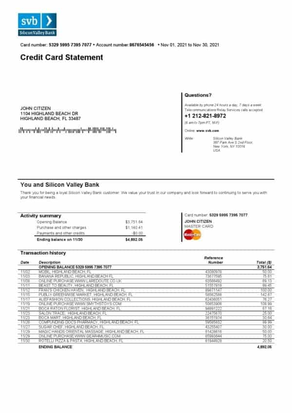USA Florida Silicon Valley bank credit card statement template in Word and PDF format
