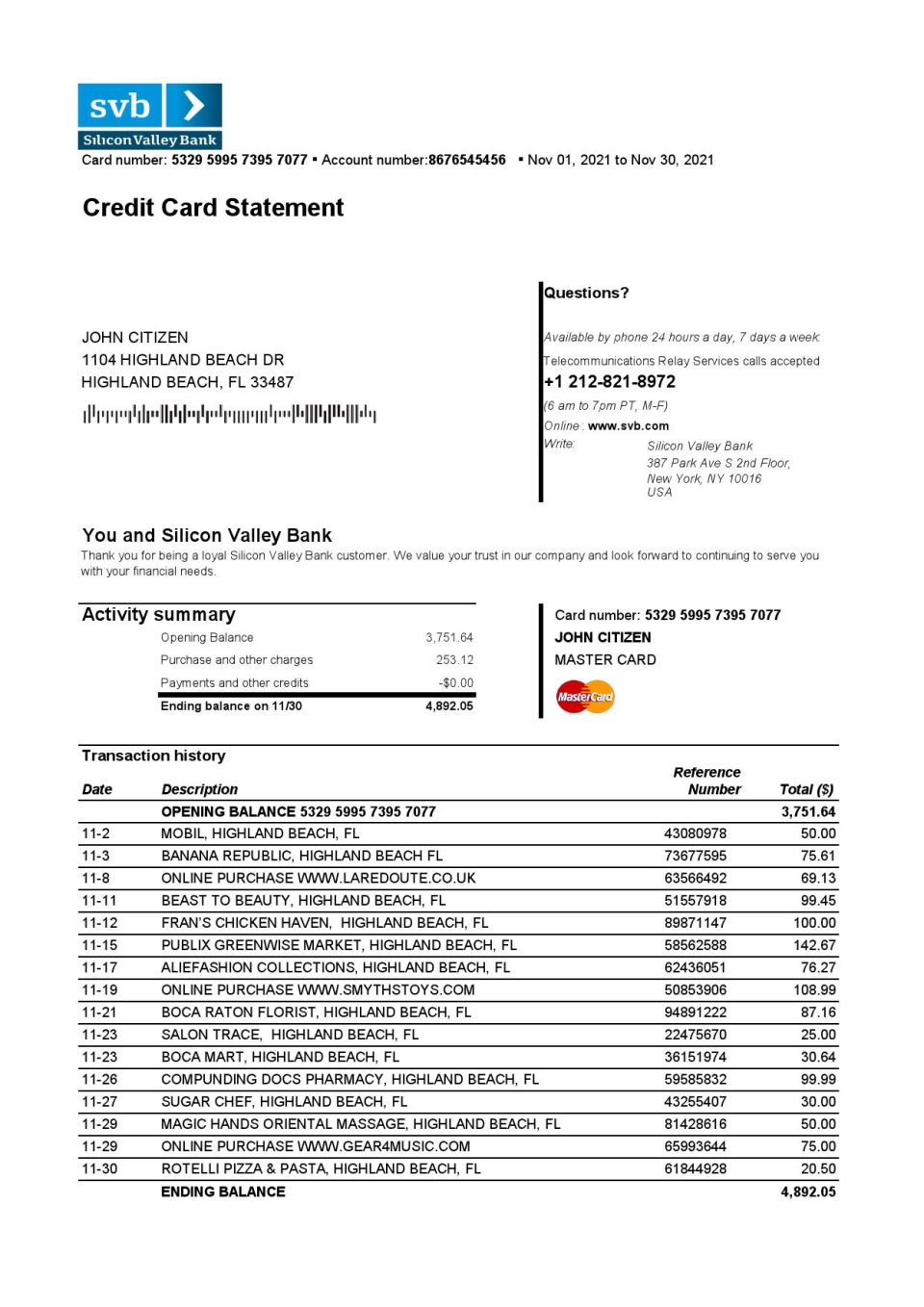 USA Florida Silicon Valley bank credit card statement template in Excel and PDF format