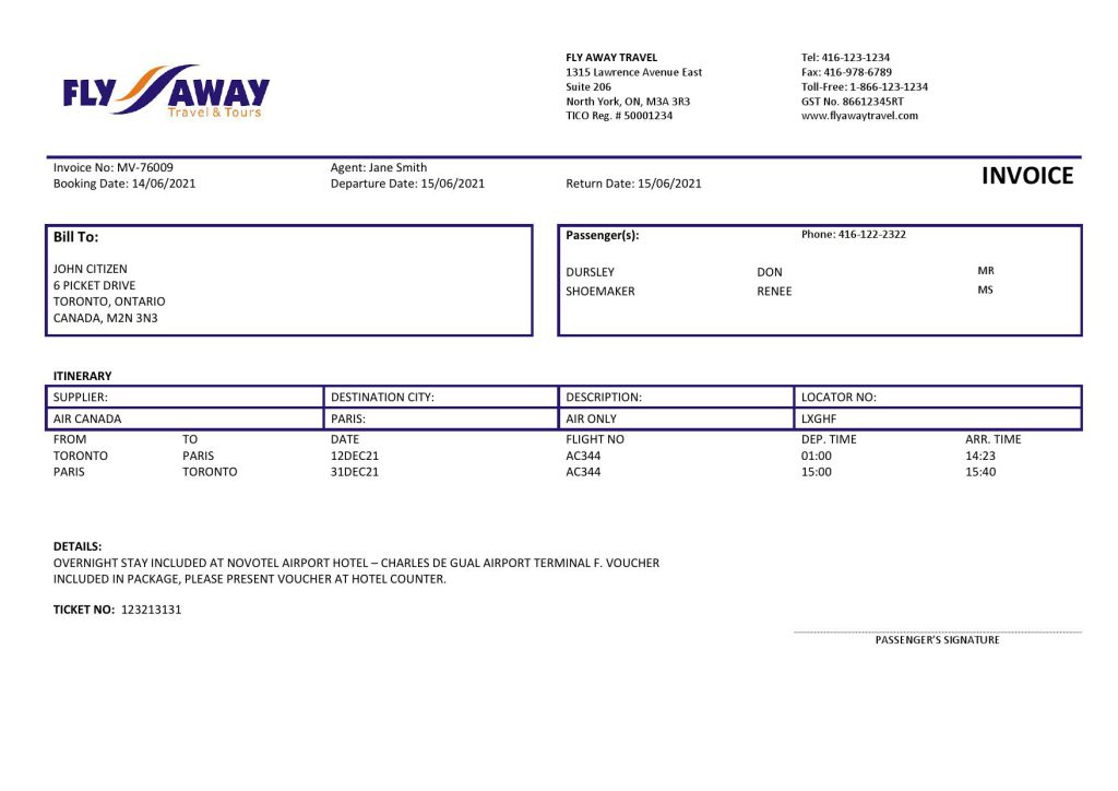 High-Quality USA Fly Away Travel agency Invoice Template PDF | Fully Editable
