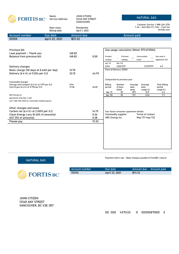 Canada British Columbia FortisBC utility bill template in Word and PDF format