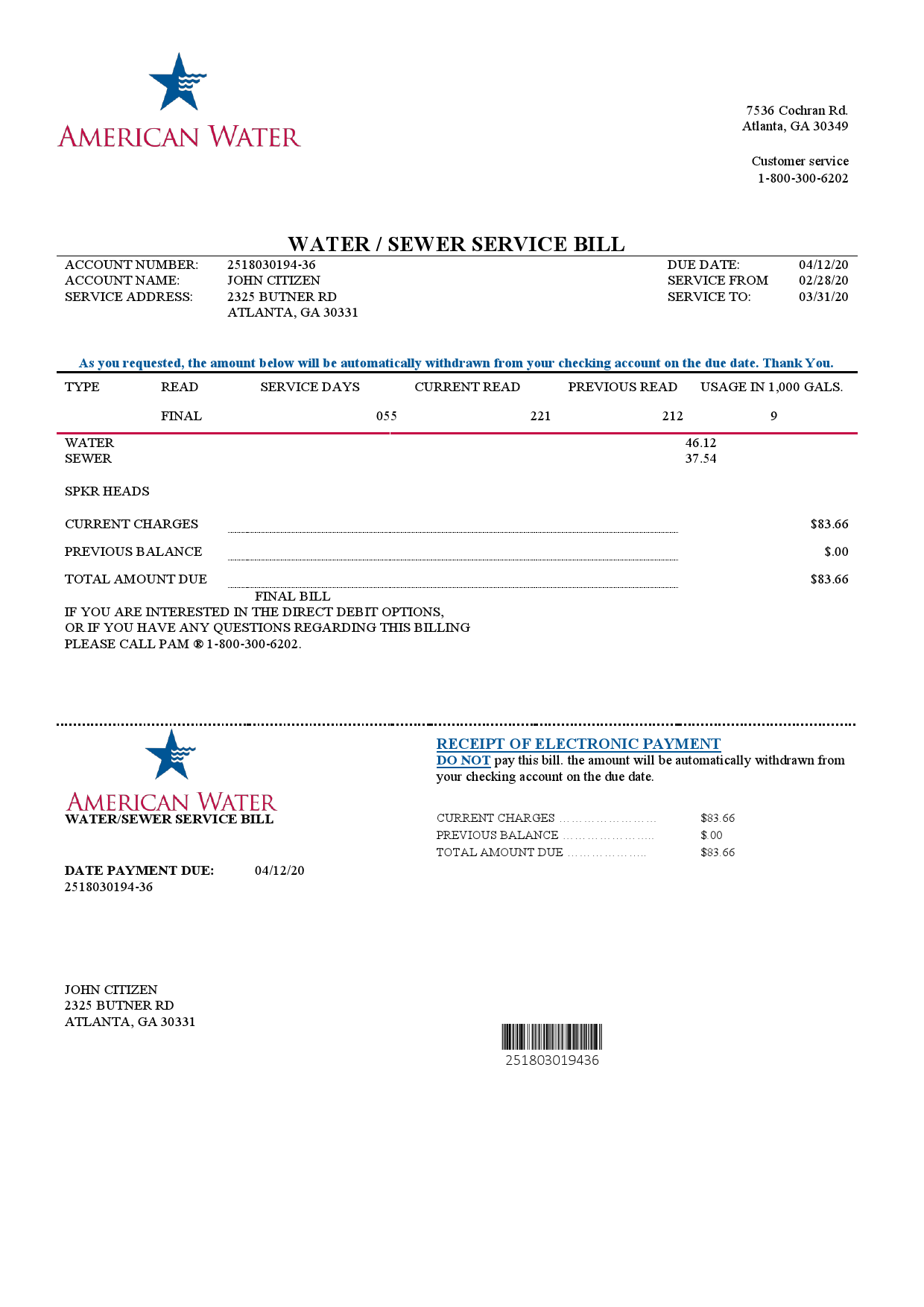 USA Georgia American Water utility bill template in Word and PDF format