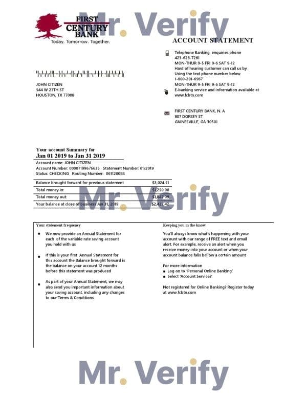 USA Georgia Gainesville First Century bank proof of address statement template in Word and PDF format