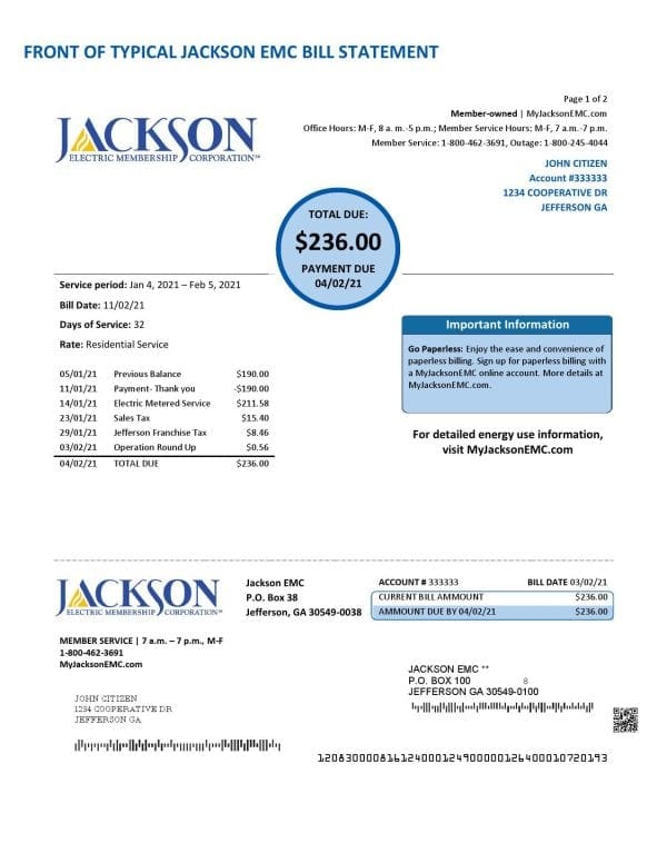 USA Georgia JACKSON EMC utility bill template in Word and PDF format (2 pages)