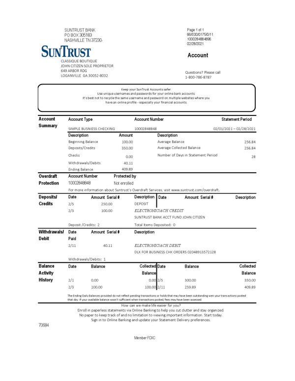 USA Georgia SunTrust bank statement template in Excel and PDF format