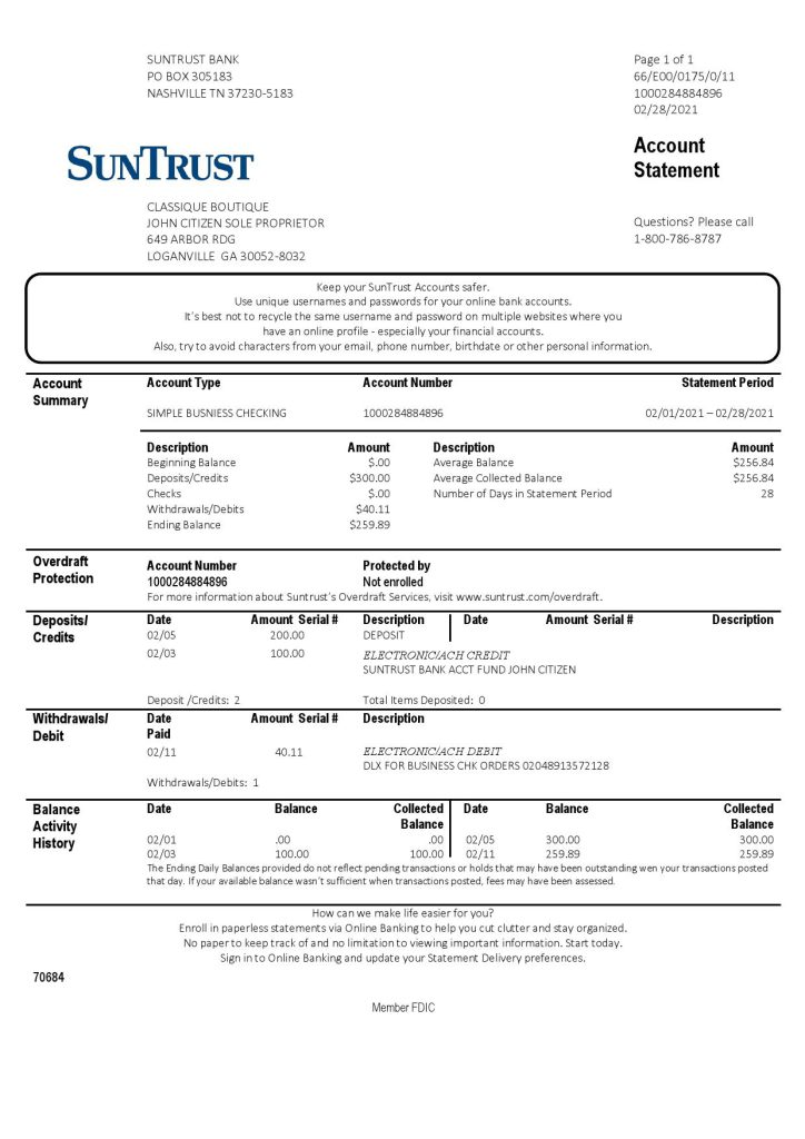 USA Georgia SunTrust bank statement template in Word and PDF format (For Sole Proprietor)