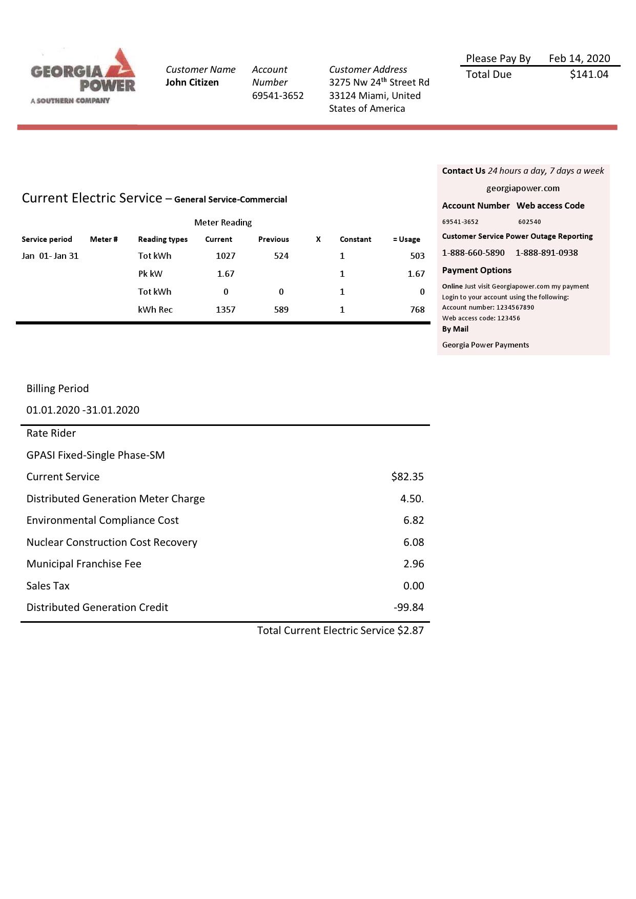 USA Georgia Power utility bill template in Word and PDF format, fully editable