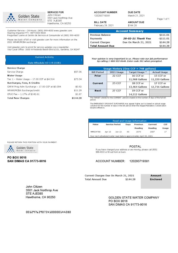 USA California Golden State Water Company utility bill template in .doc and .pdf format