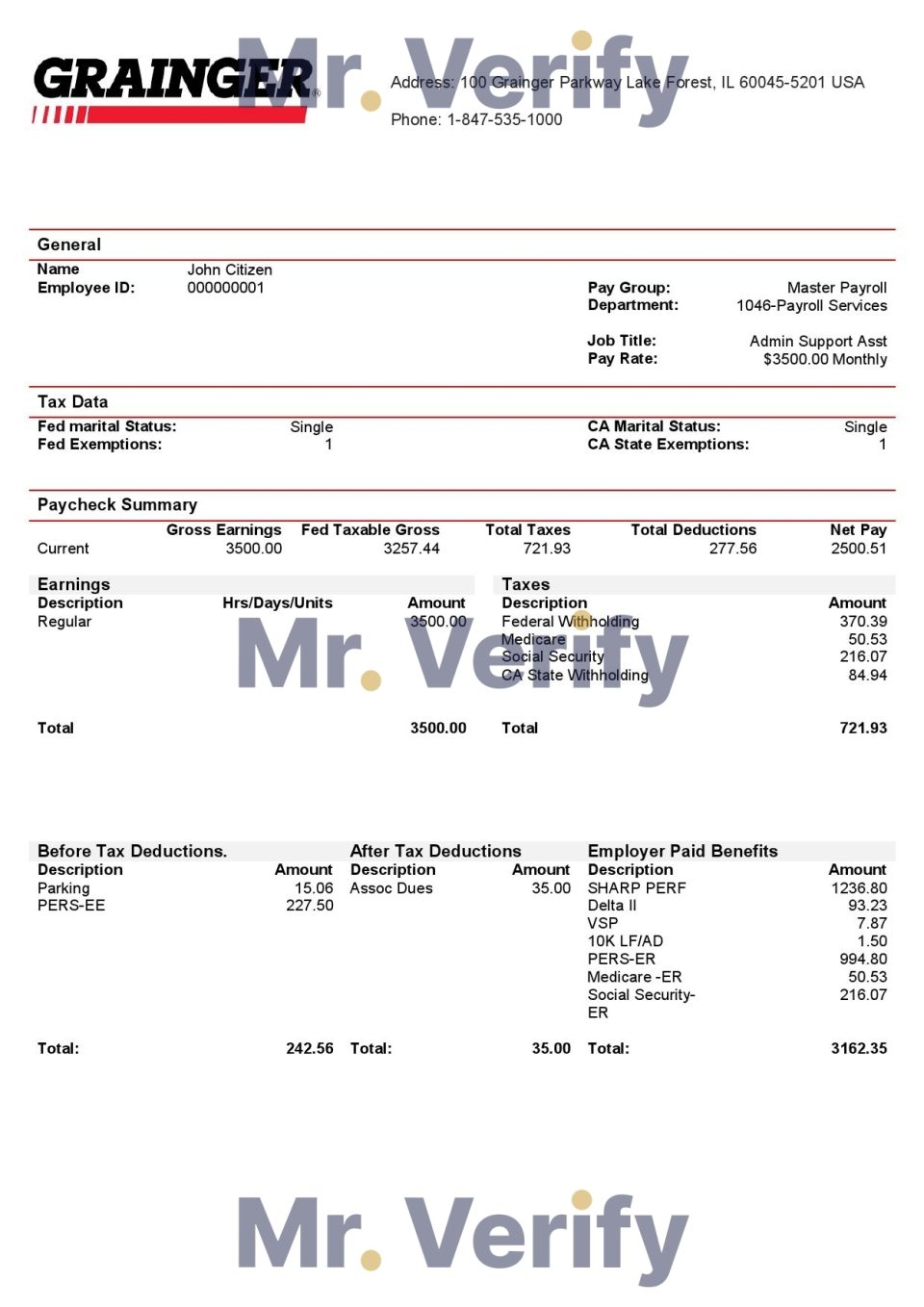USA Grainger industry company pay stub Word and PDF template