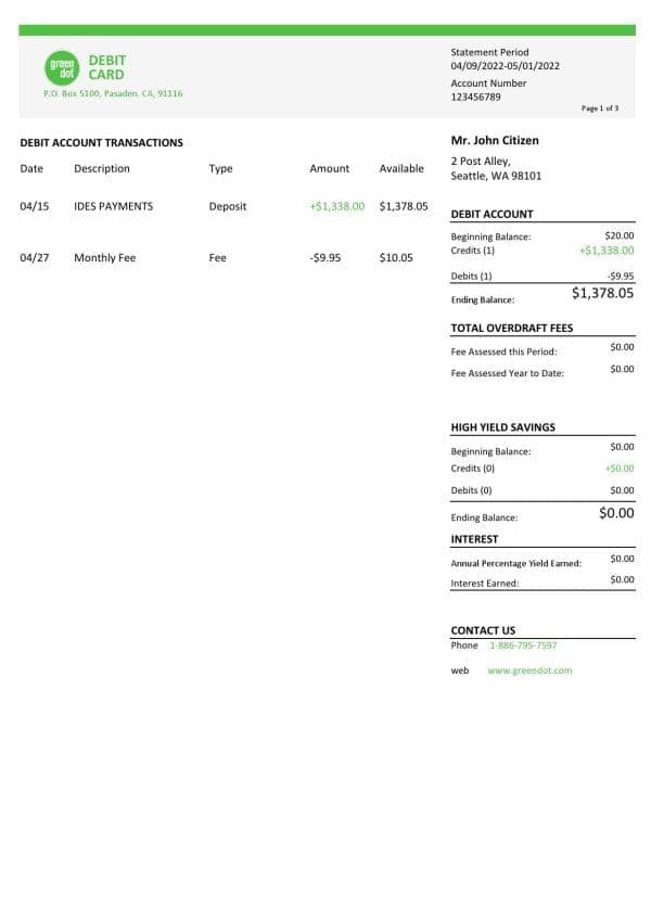 USA Green Dot bank statement Word and PDF template, 3 pages