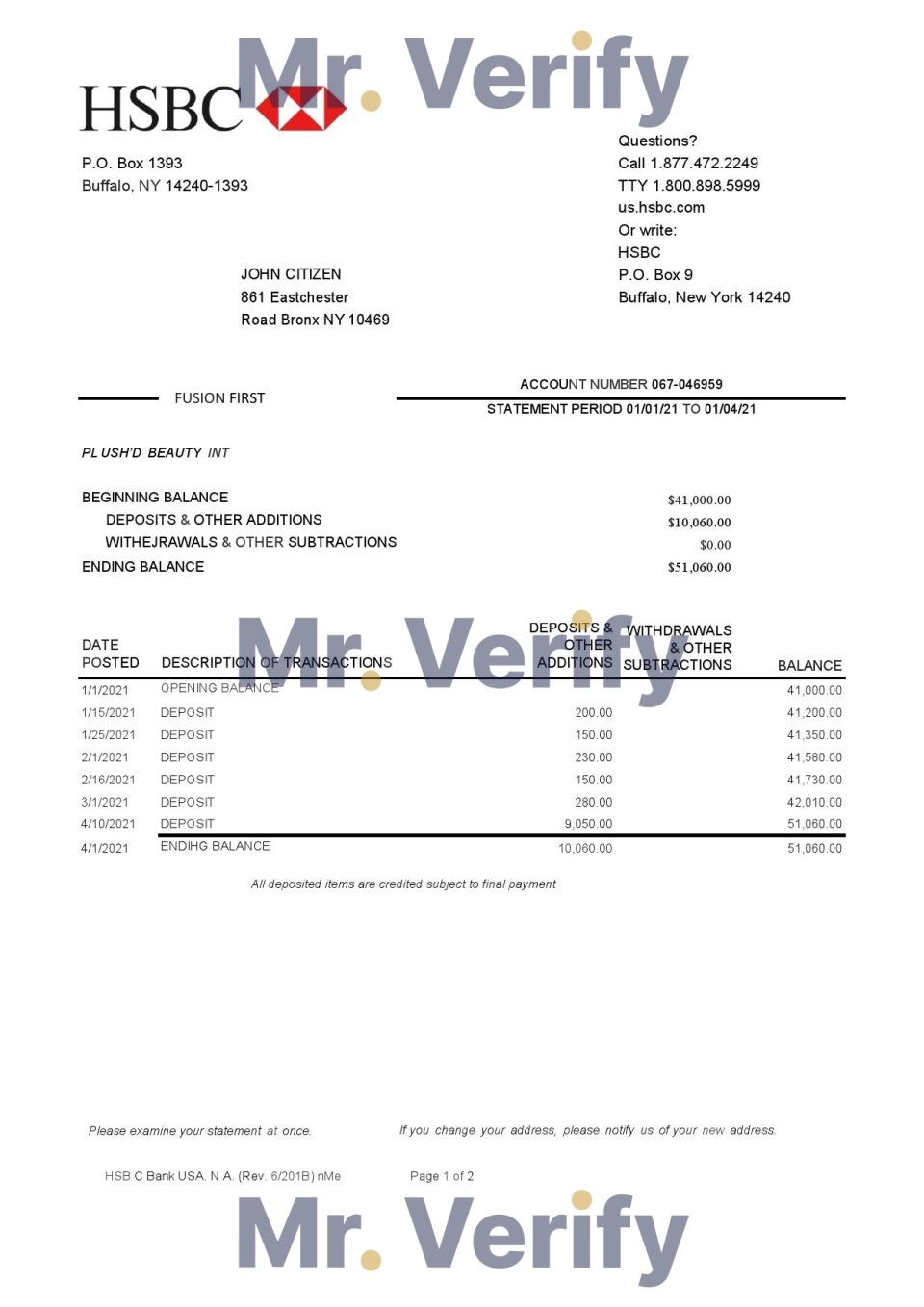 USA HSBC bank statement template in Excel and PDF format, 2 pages, version 2