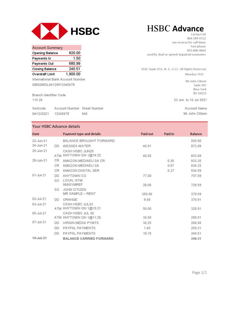 USA HSBC bank statement template in Excel and PDF format