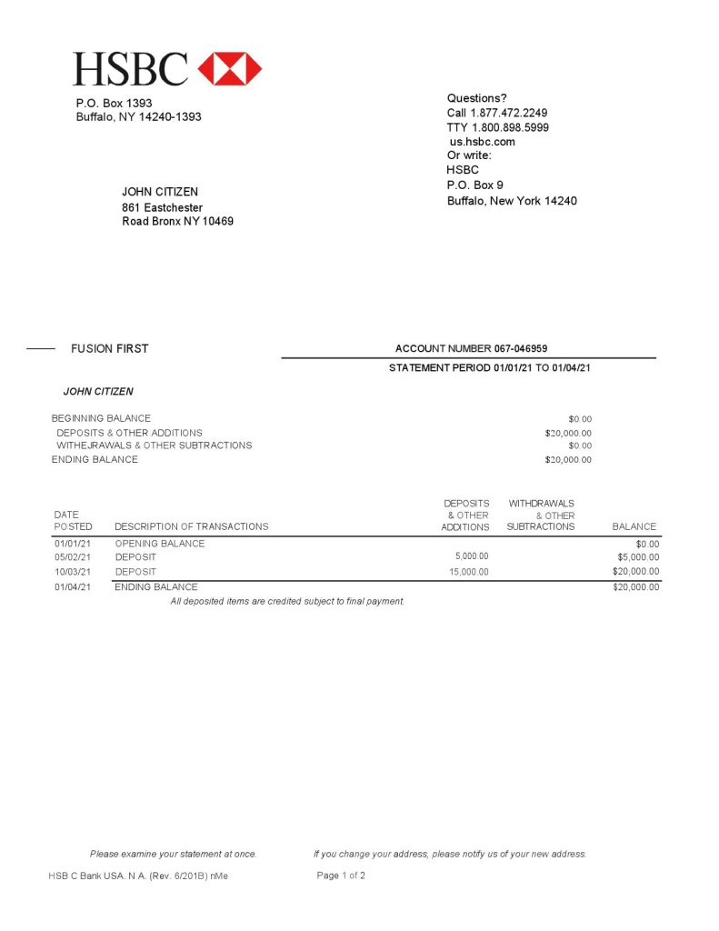 USA HSBC bank statement template in Word and PDF format, 2 pages, version 2