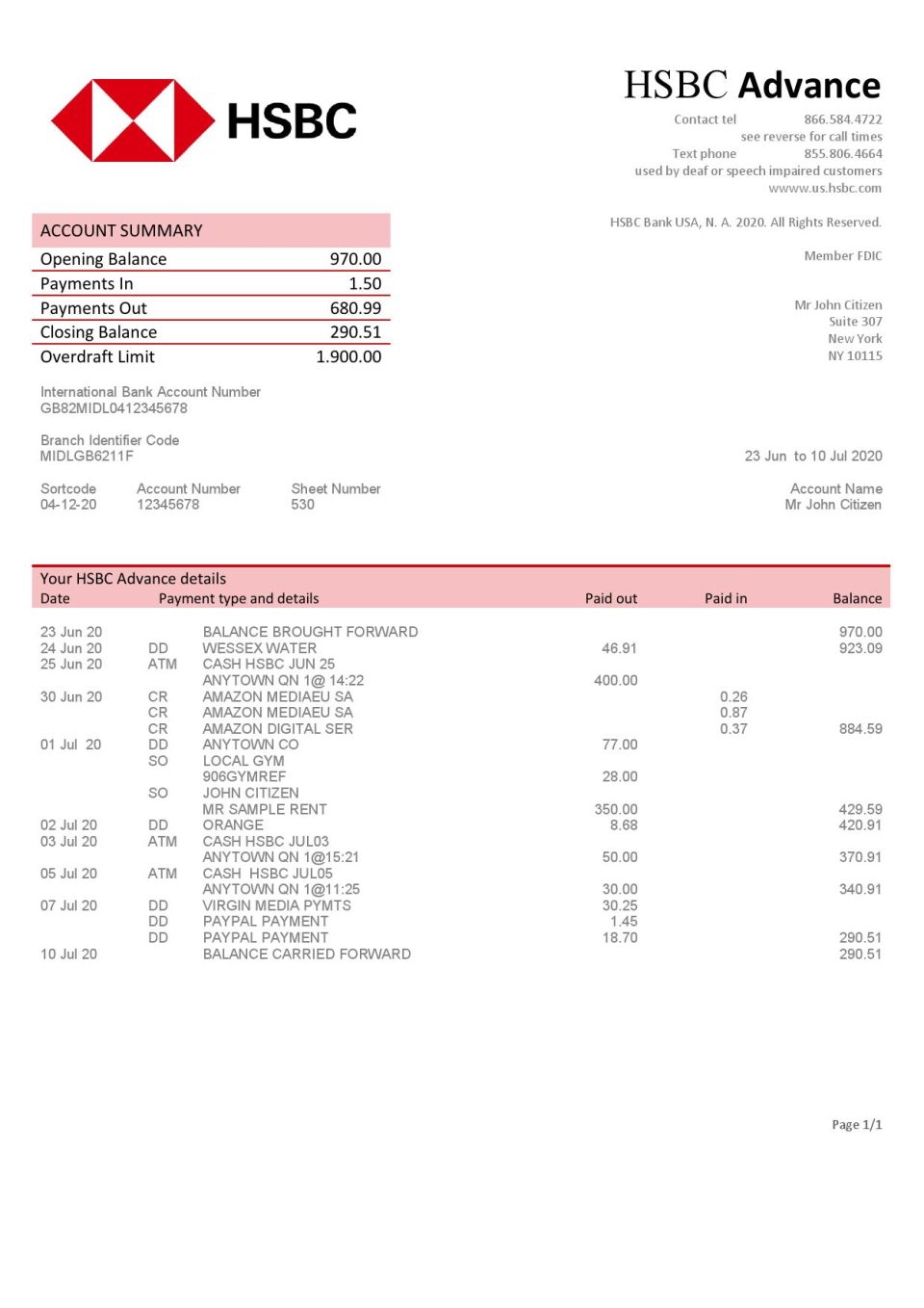USA HSBC bank statement template in Word and PDF format
