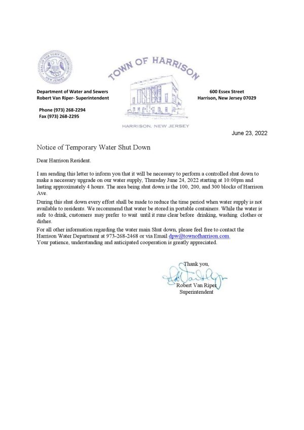 USA New Jersey Town of Harrison utility water shut off notice, Word and PDF template