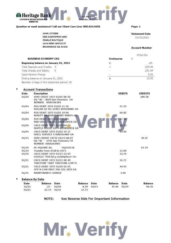 USA Heritage bank statement template in Word and PDF format (3 pages)
