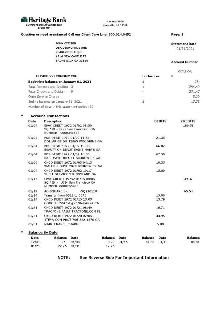 USA Heritage bank statement template in Word and PDF format (3 pages)