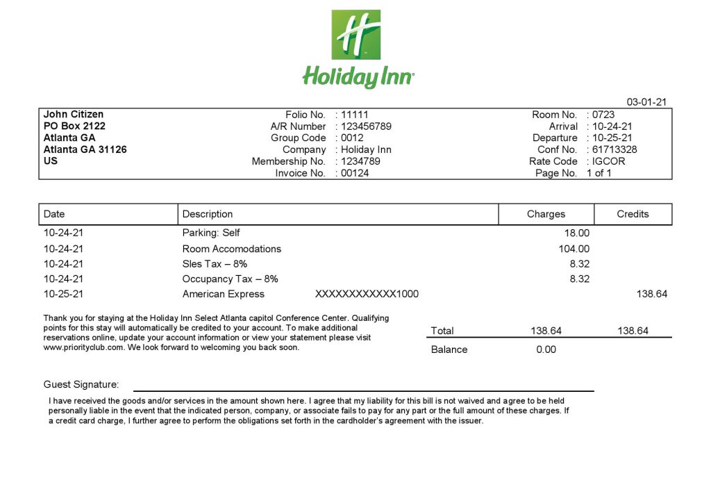 High-Quality USA Holiday Inn InterContinental Hotels Group Invoice Template PDF | Fully Editable
