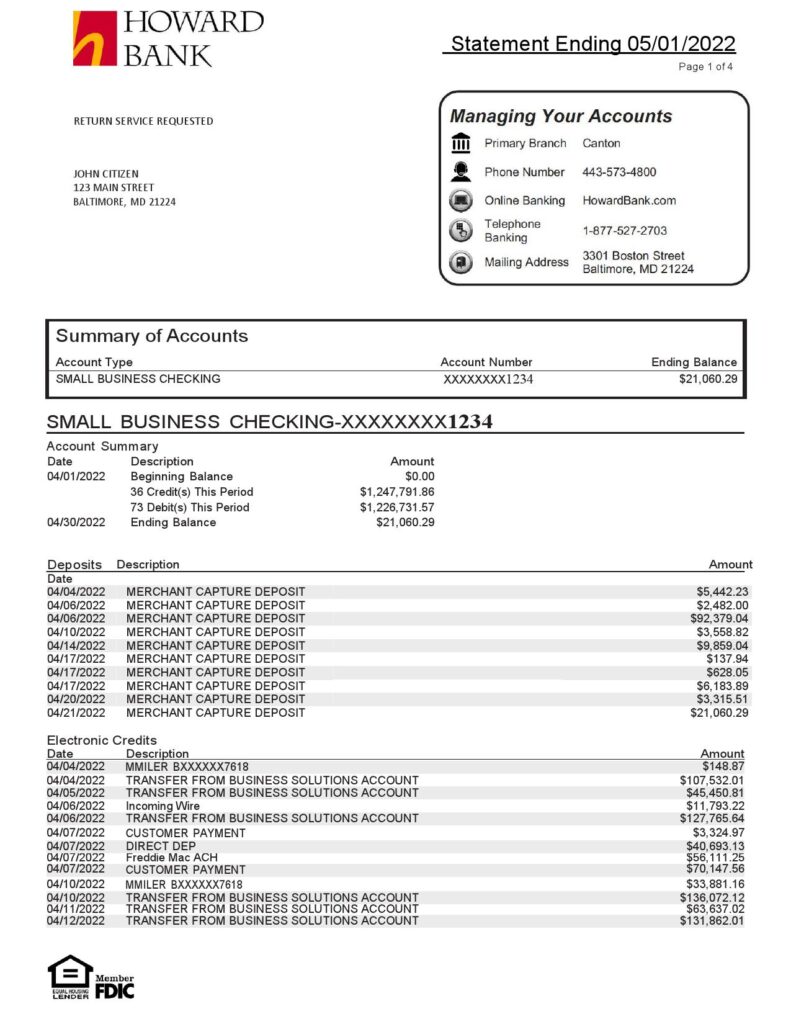 USA Howard bank statement Word and PDF template, 4 pages