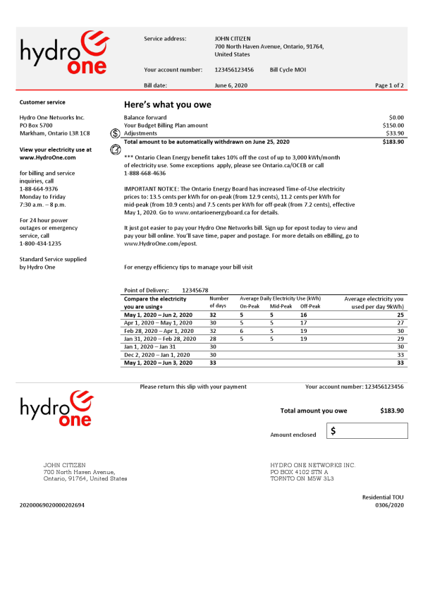 USA Ontario’s Hydro One electricity utility bill template in Word and PDF format (2 pages)