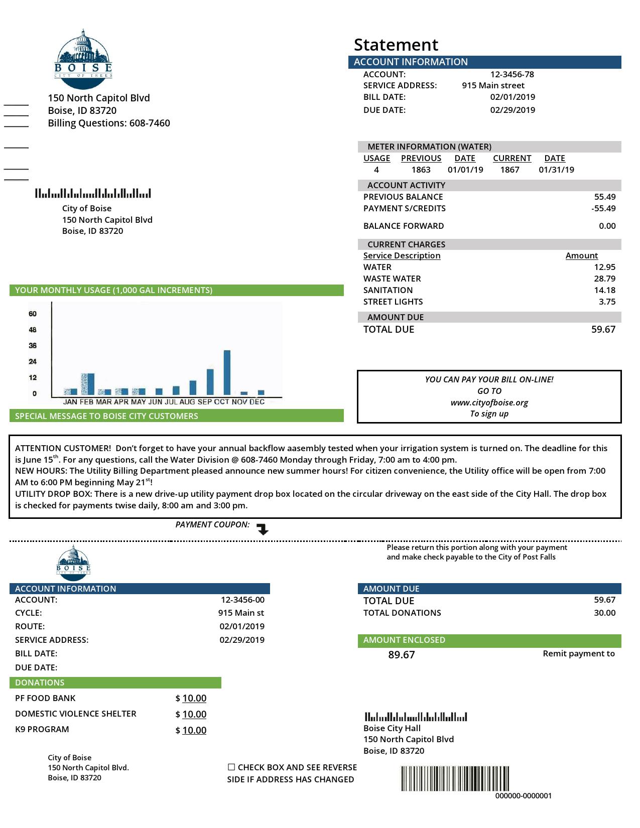 USA Idaho Boise City of Trees water utility bill template in Word and PDF format