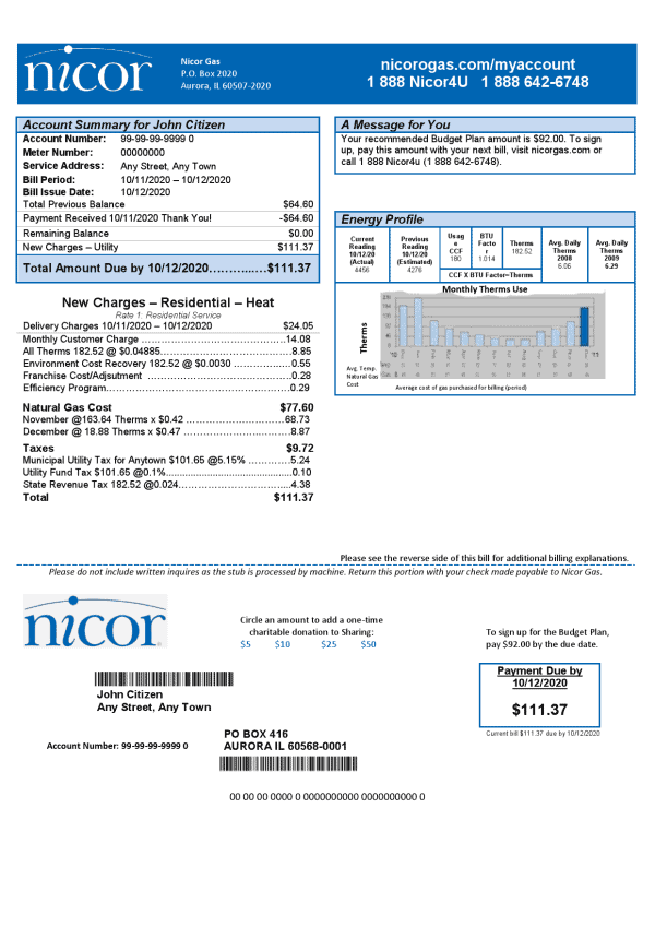 USA Illinois Nicor gas utility bill template in Word and PDF format