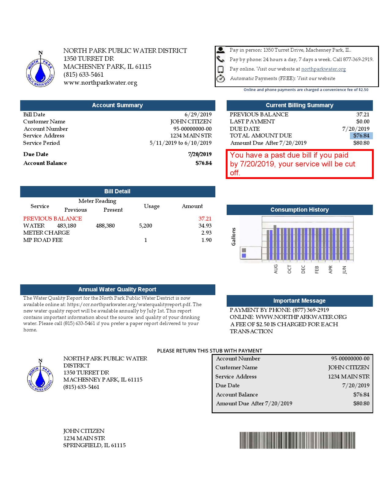 USA Illinois North Park Public Water District IL utility bill template in Word and PDF format