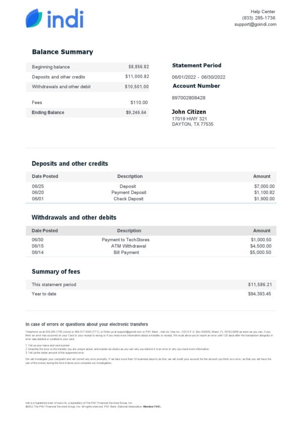 USA indi bank statement, Word and PDF template