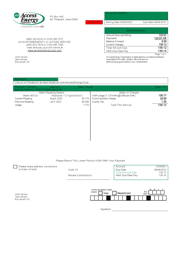 USA Iowa Access Energy Cooperative utility bill template in Word and PDF format