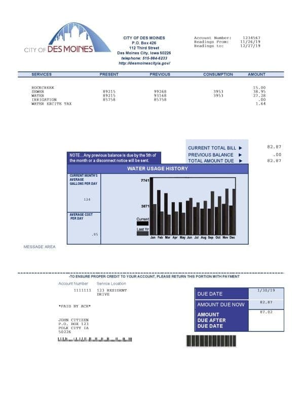 USA Iowa City of Des Moines water utility bill template in Word and PDF format