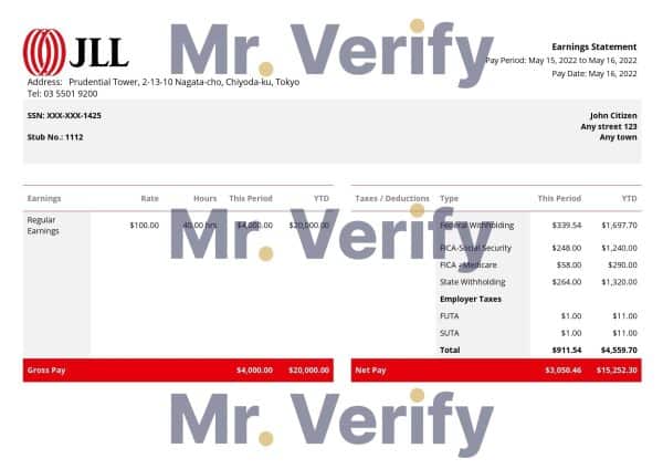 USA JLL real estate company pay stub Word and PDF template
