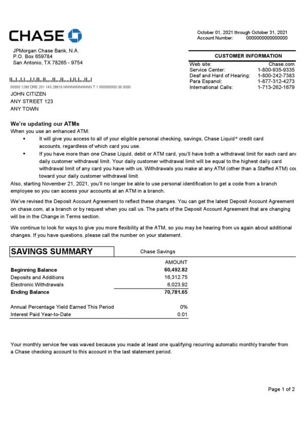 USA JP Morgan Chase bank statement template in .doc and .pdf file format, 2 pages