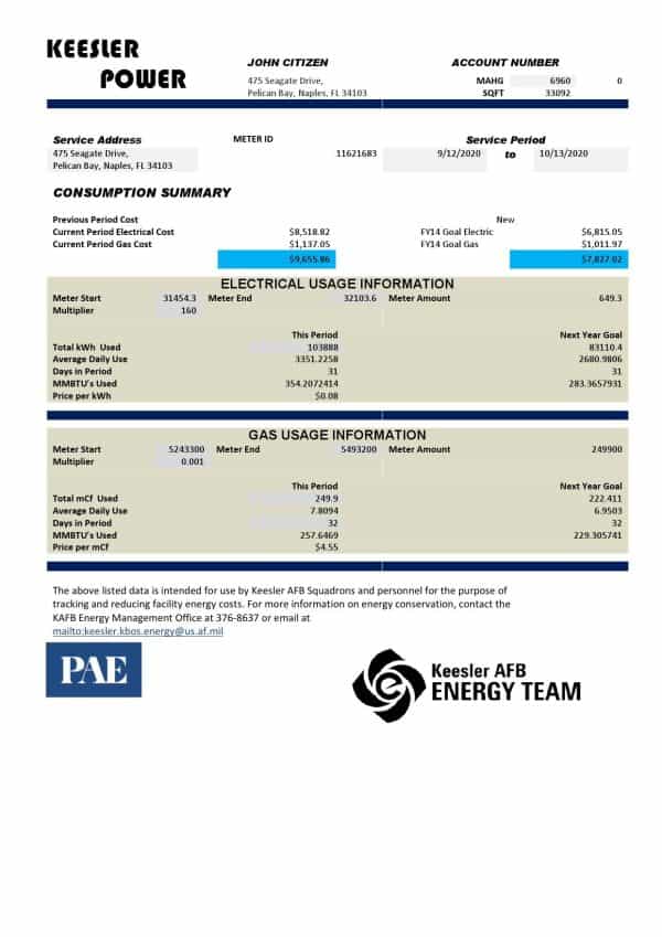 USA Mississippi Keesler AFB Energy utility bill template in Word and PDF format
