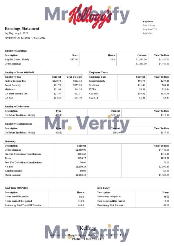USA Kellog food processing company pay stub Word and PDF template