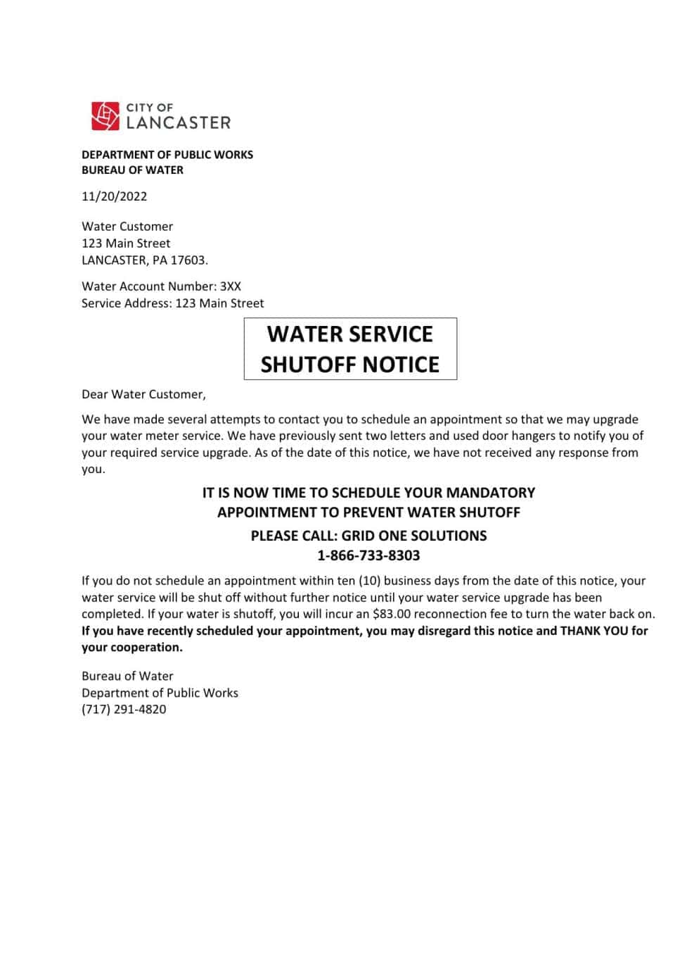 USA Lancaster Water service utility bill shutoff notice, Word and PDF template