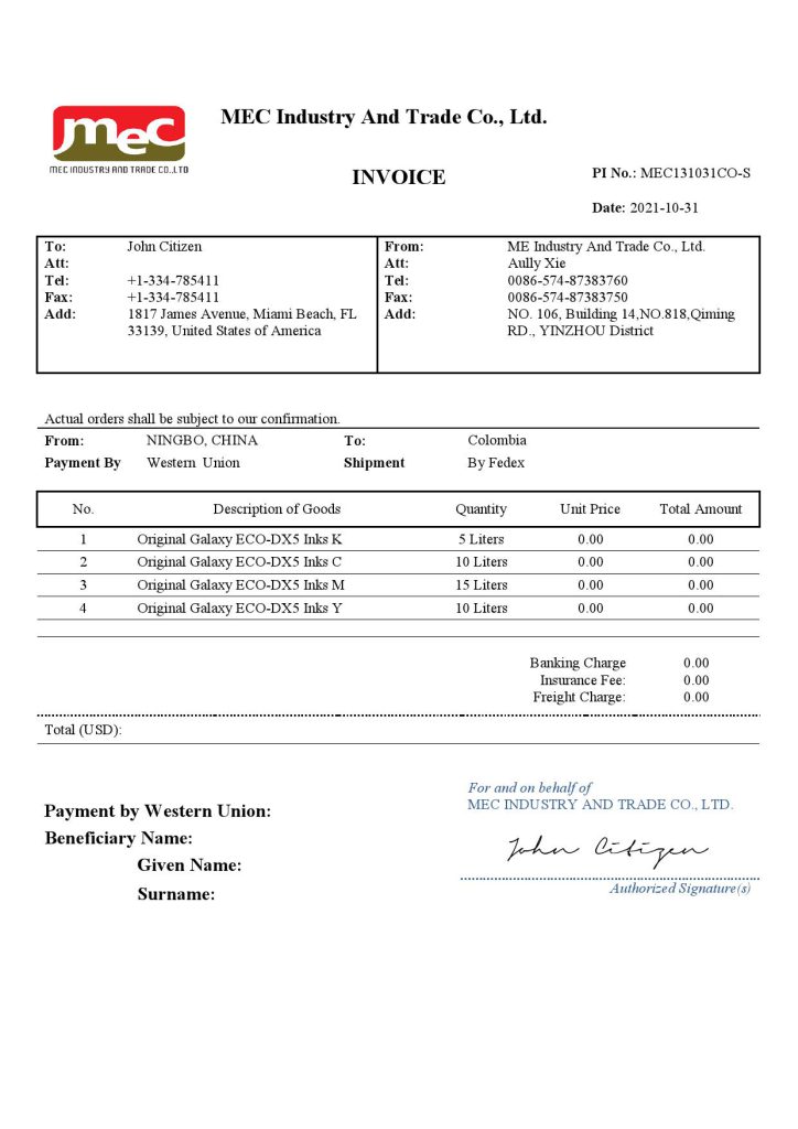 USA MEC Industry and Trade Co invoice template in Word and PDF format, fully editable