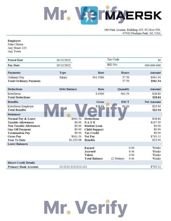 USA Maesk shipping company pay stub Word and PDF template
